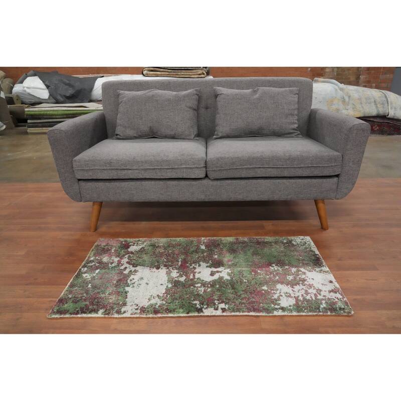 Hand Knotted Oriental Viscose Silk Carpet Modern All-Over Green Abstract Area Rug - 4' 0'' X 2' 0''
