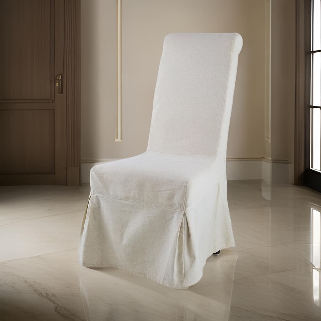 25 Inch Side Dining Chair, Skirted Parsons Style, White Fabric Slipcover