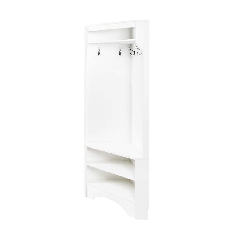 Corner Hall Tree with Coat Hooks & Shoe Bench, Entryway Storage Cabinet Coat Rack with Adjustable Shelf