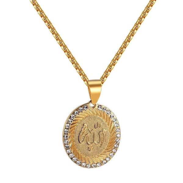 Allah Muslim God Pendant Gold Tone Stainless Steel Simulated Diamonds Necklace