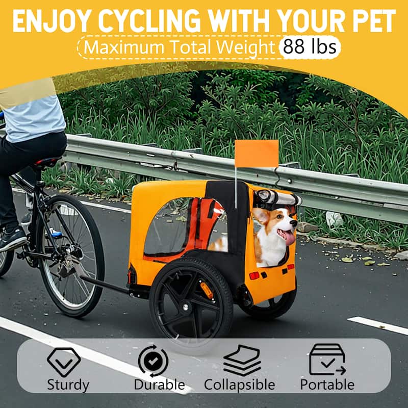 Heavy Duty Collapsible Pet Bike Trailer with 16" Wheels, Foldable Dog Bicycle Carrier Cart with Hitch & Reflectors