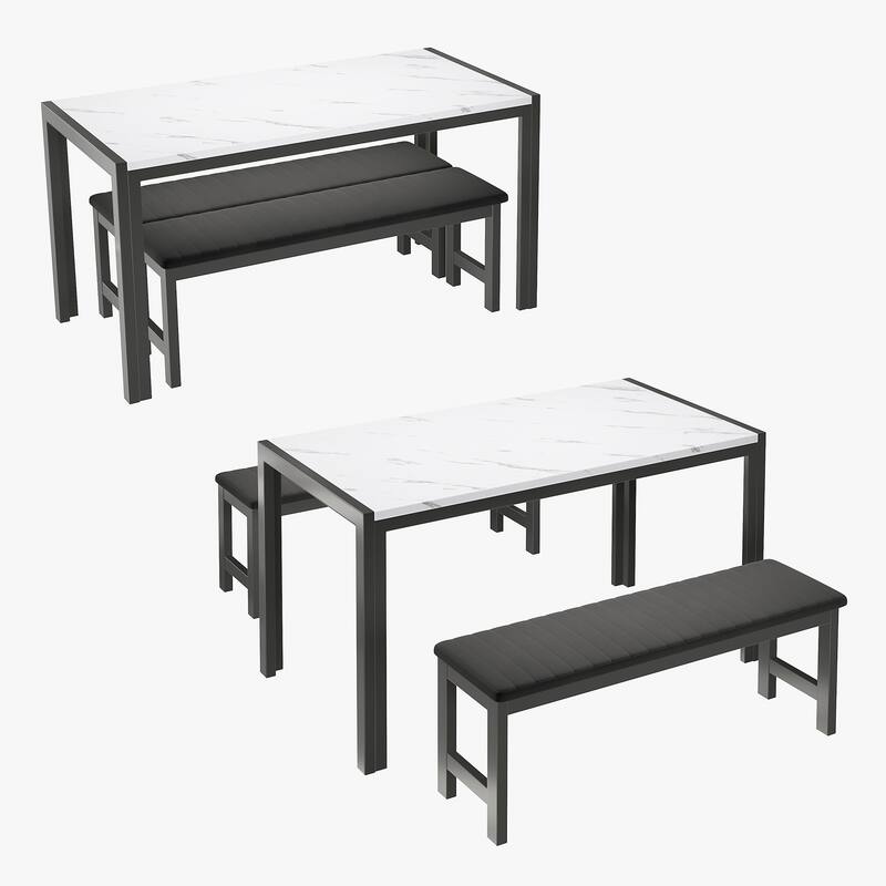 3-Piece Dining Table Set, Velvet Benches,Tabletop Marble Finish