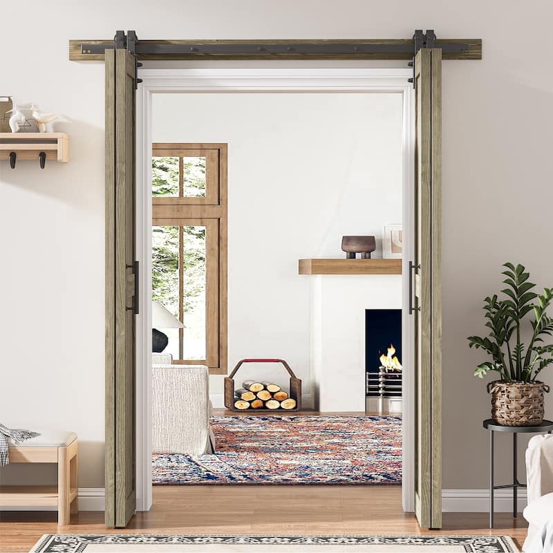 Assembled 30in./32in./36in./40in./44in./48in. x 84 in. Solid Core Pine Wood Bi-Fold Door With Hardware Kit