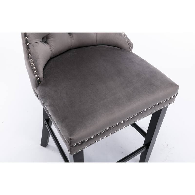 Modern Velvet Upholstered Barstools Bar Chairs with Button Tufted Decoration,Wooden Legs,Chrome Nailhead Trim, Set of 2