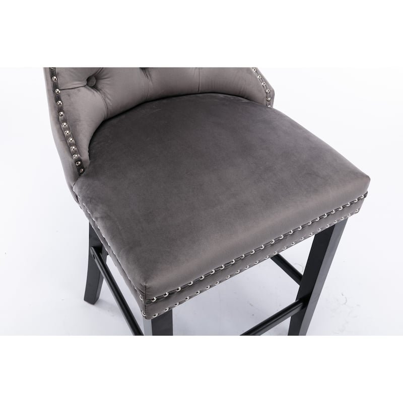 Roomfitters Velvet Bar Stools Set of 2, Tufted Upholstered Counter Chairs with Nailhead Trim and Wooden Legs