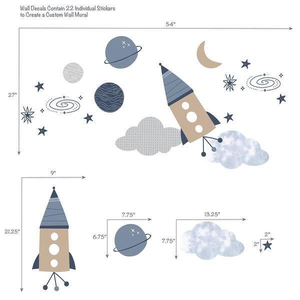 Lambs & Ivy Sky Rocket Planets/Stars Wall Decals/Stickers - Blue/Gray/Tan