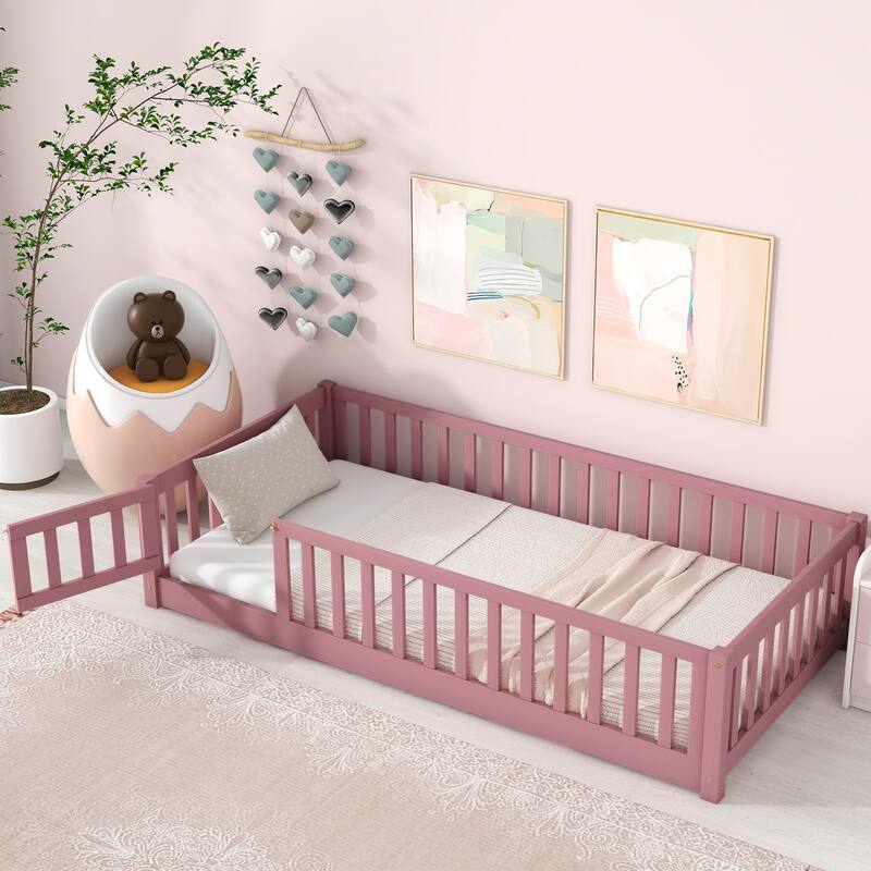 Twin size Floor Platform Bed with Fence and Door