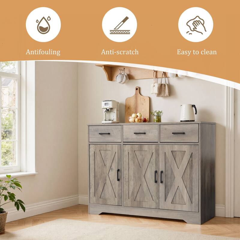 Barn Door Buffets Storage Cabinet Sideboards with 3 Drawers