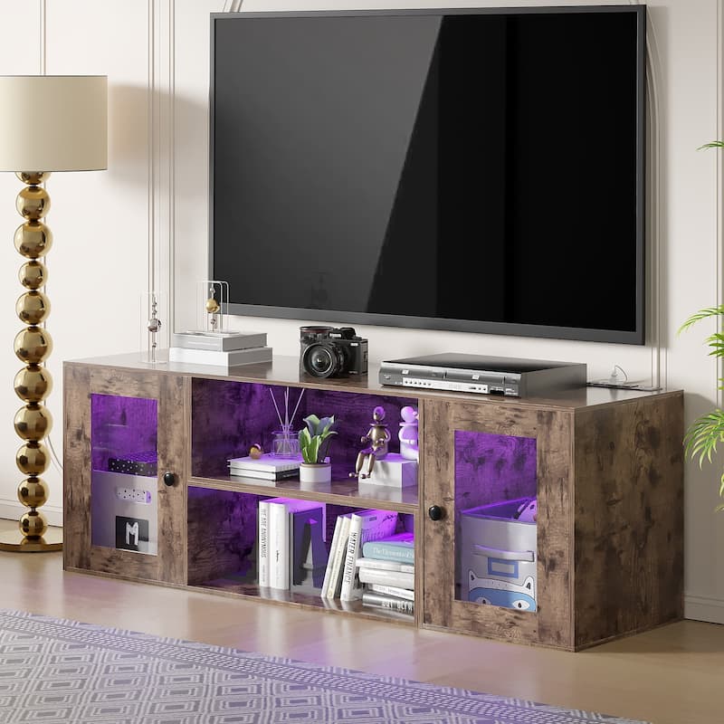 VECELO Adjustable Shelf TV Stand with LED Lights USB Ports AC Outlets Media Console Movable Shelves Cabinet Doors with Handles - Brown