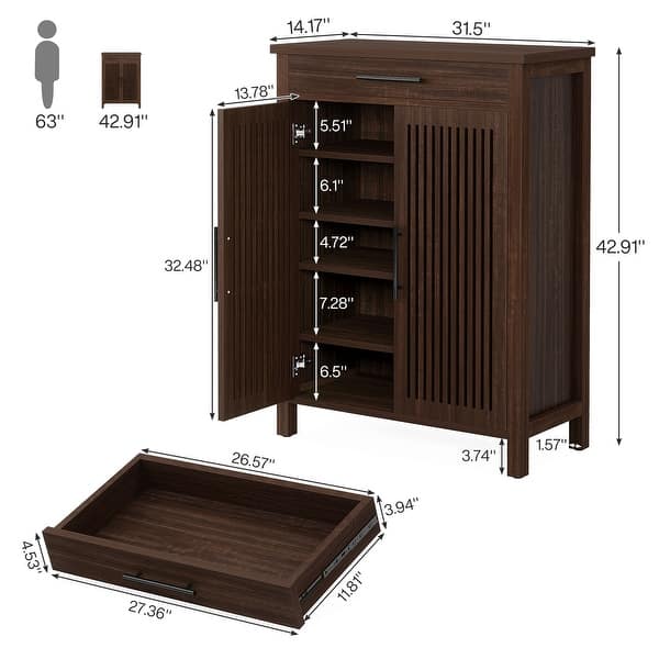 dimension image slide 1 of 3, Shoe Storage Cabinet with Louvered Doors & Drawer, Wooden Shoe Rack for Closet, Entryway