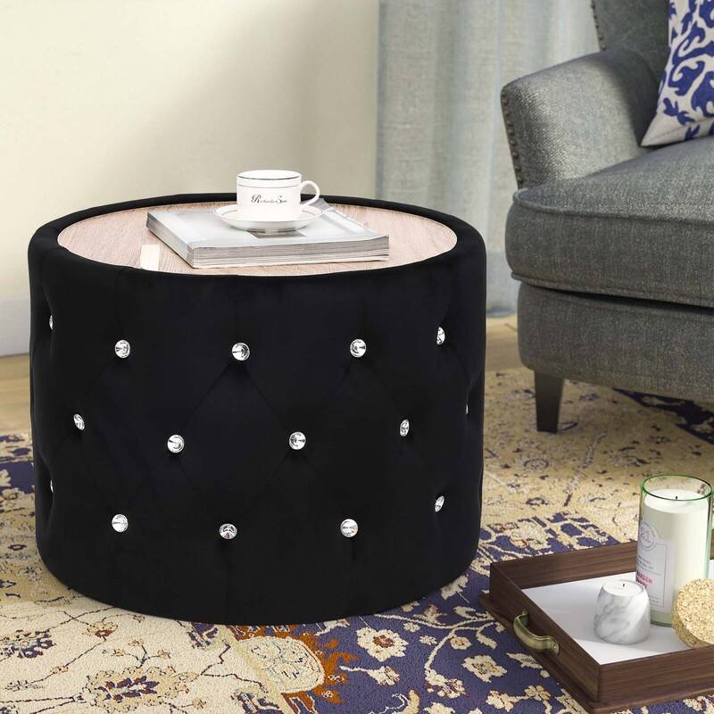 Adeco Round Velvet Large Storage Ottoman Function Footrest For Bedroom
