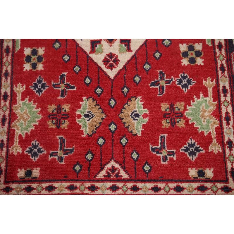 Geometric Red Kazak Oriental Foyer Rug Handmade Wool Carpet - 3'1" x 5'0"