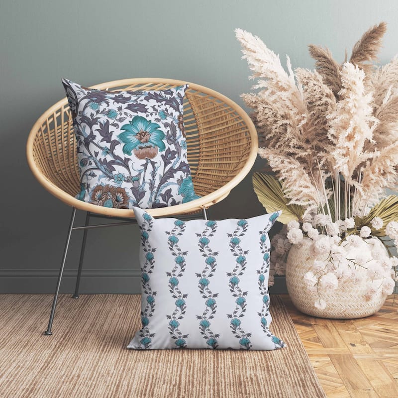 Mughal Era Garden Treasures Indoor/Outdoor Reversible Throw Pillow White and Aquamarine