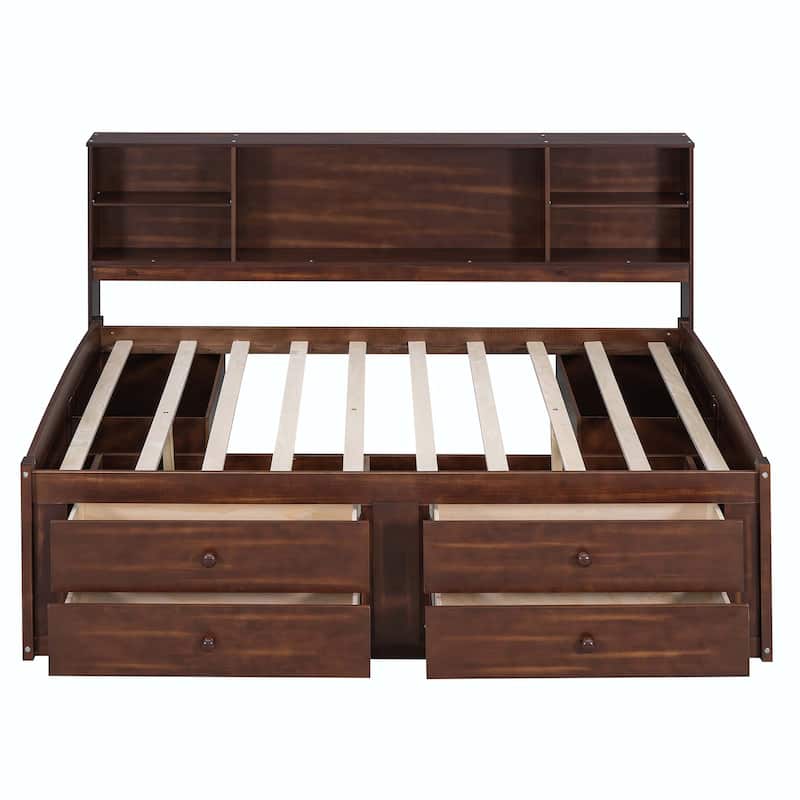 Full Size Wooden Captain Bed with Built-in Storage Shelves