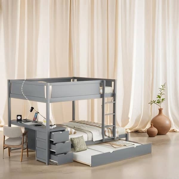 slide 2 of 12, Elegant Full-Over-Full Bunk Bed with Drawers, Convertible Beds Grey