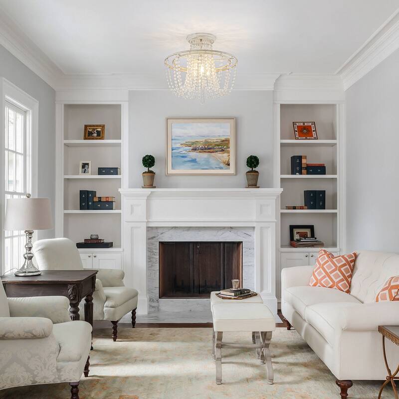 3-Light 17.32" Vintage Antique White Circle Round Crystal Semi-Flush Mount Light - 17.32 in. W x 16.14 in. H