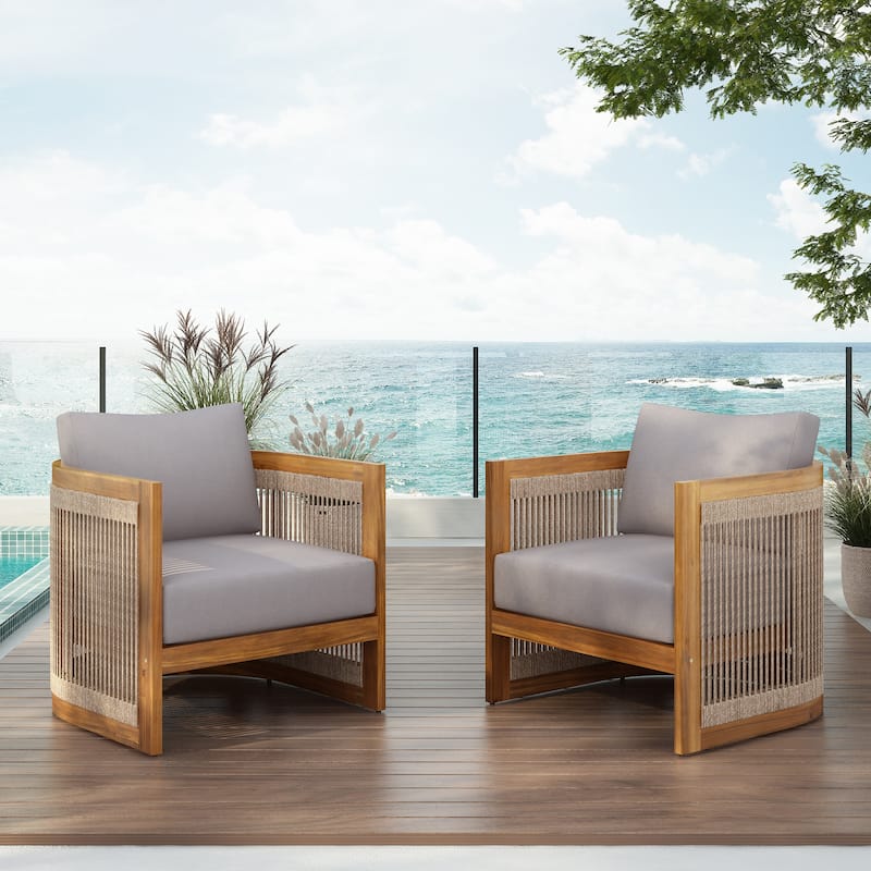 [Set of 2] Premium Acacia Wood Outdoor Club Chair, Curved Tub Design with Woven Rope Accents, Water-Resistant Cushions - Gray,Teak