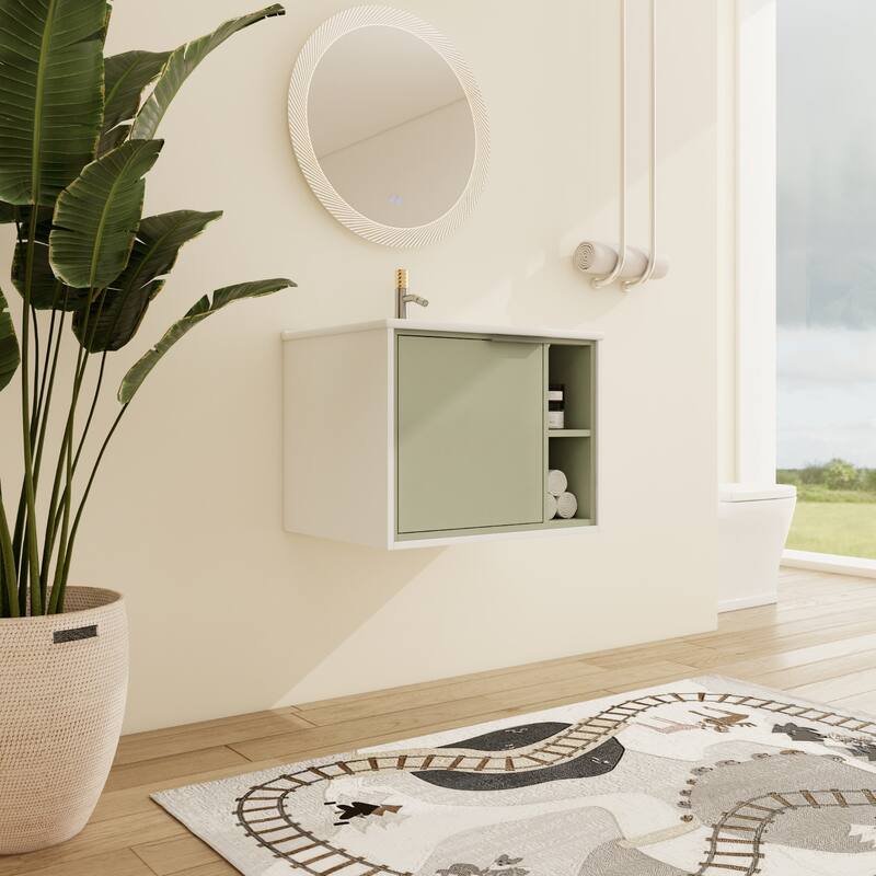 Malwee 24"/30" Floating Bathroom Vanity, Wall Mounted Bathroom Vanity with Ceramic Sink,Soft Close Door and Shelf
