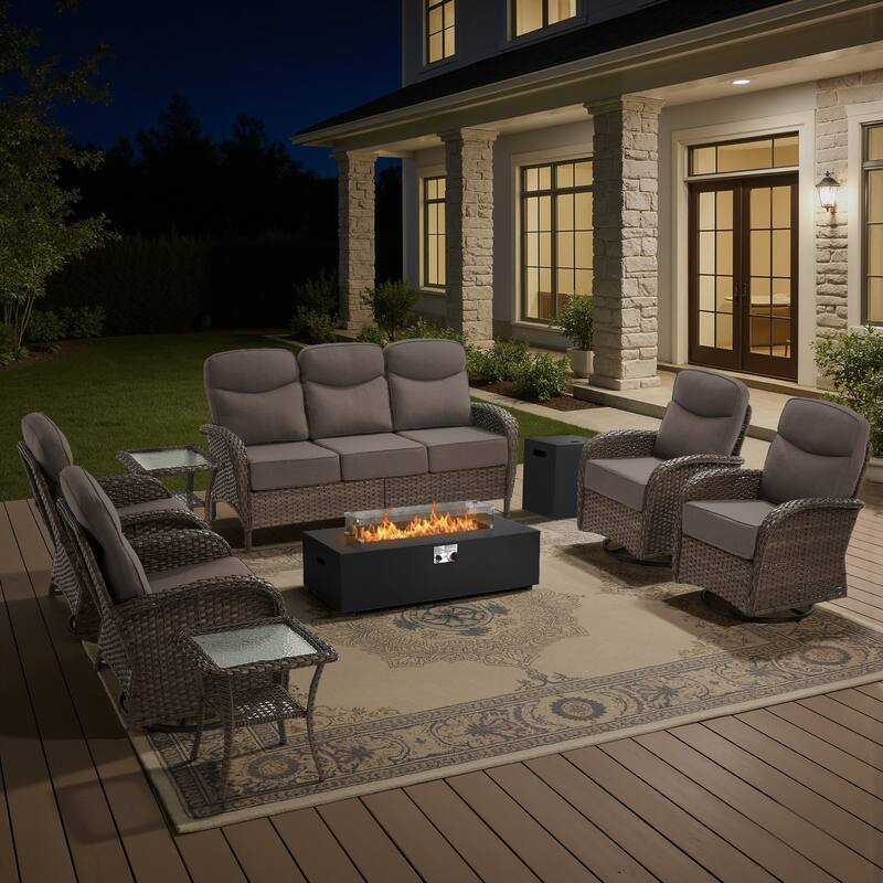 Luna 8-Piece Wicker Outdoor Patio Fire Pit Sofa Set with 6-Inch Thick Cushions - Gray Cushions - Brown Wicker
