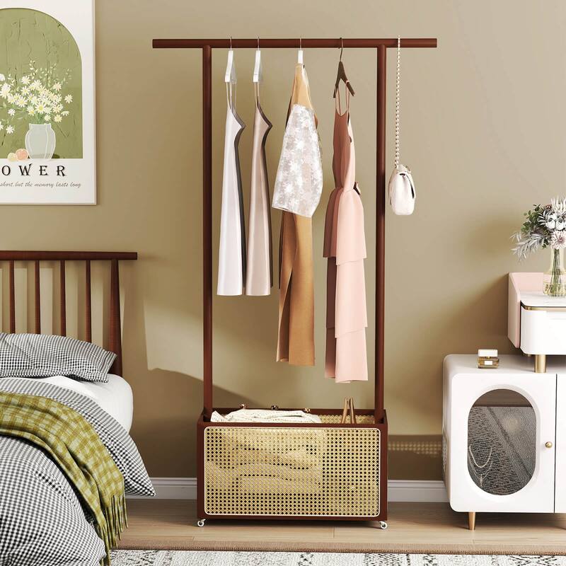 Costway Bamboo Clothes Rack with Rattan Storage Basket & Wheels, - See Details