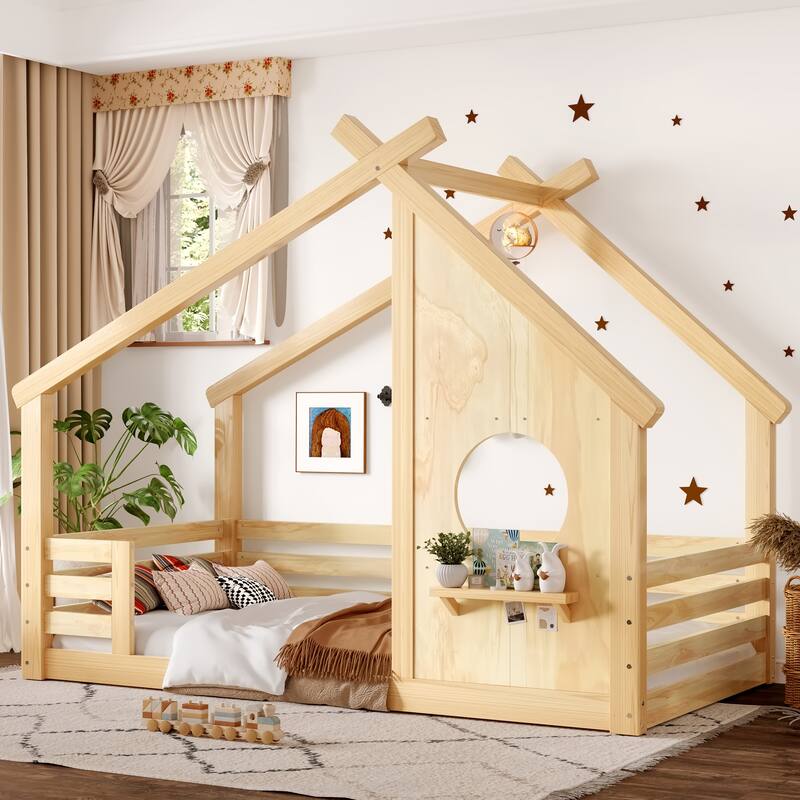 Twin House Floor Bed with Window and a Small Shelf, Solid Wood Floor Bed with House-shaped Roof, No Spring Box Needed - Natural