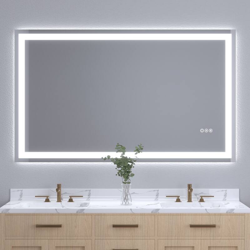 Silver Frameless LED Bathroom Mirror with Tempered Glass, Anti-Fog - 60" W x 36" H