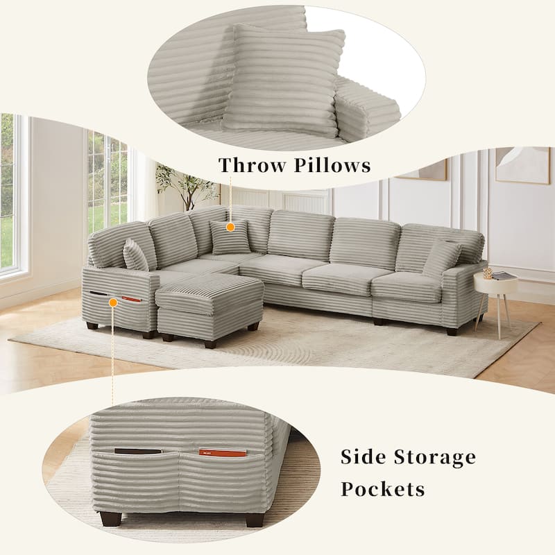 Roomfitters 125 Inch U-Shaped Sectional Sofa with Movable Ottoman, Corduroy Fabric, Side Pockets, Light Taupe