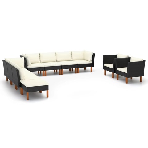 vidaXL 10 Piece Patio Lounge Set Poly Rattan and Eucalyptus Wood Black - 28.5" x 25.6" x 26.4"