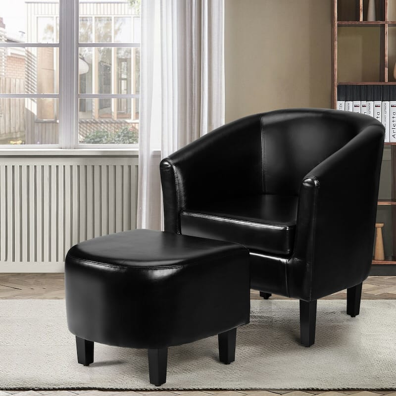 Modern Upholstered Linen Fabric Lounge Armchair with Ottoman and Wood Legs for Living Room - 28" x 25" x 29" (L x W x H)