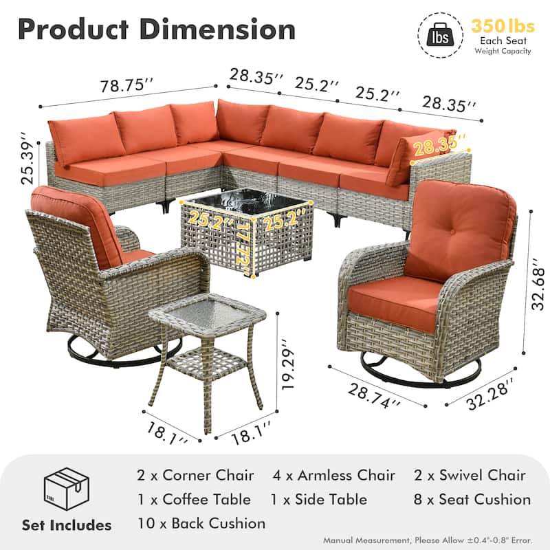 OVIOS 10 Pieces Outdoor Wicker Swivel Chair Set With Solar-Powered Coffee Table