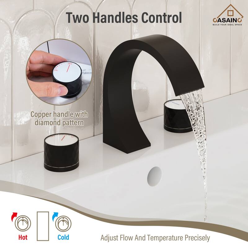 8 in. Widespread Double-Handle C-Arc Waterfall Deck-Mount Bathroom Faucet with Drain Kit