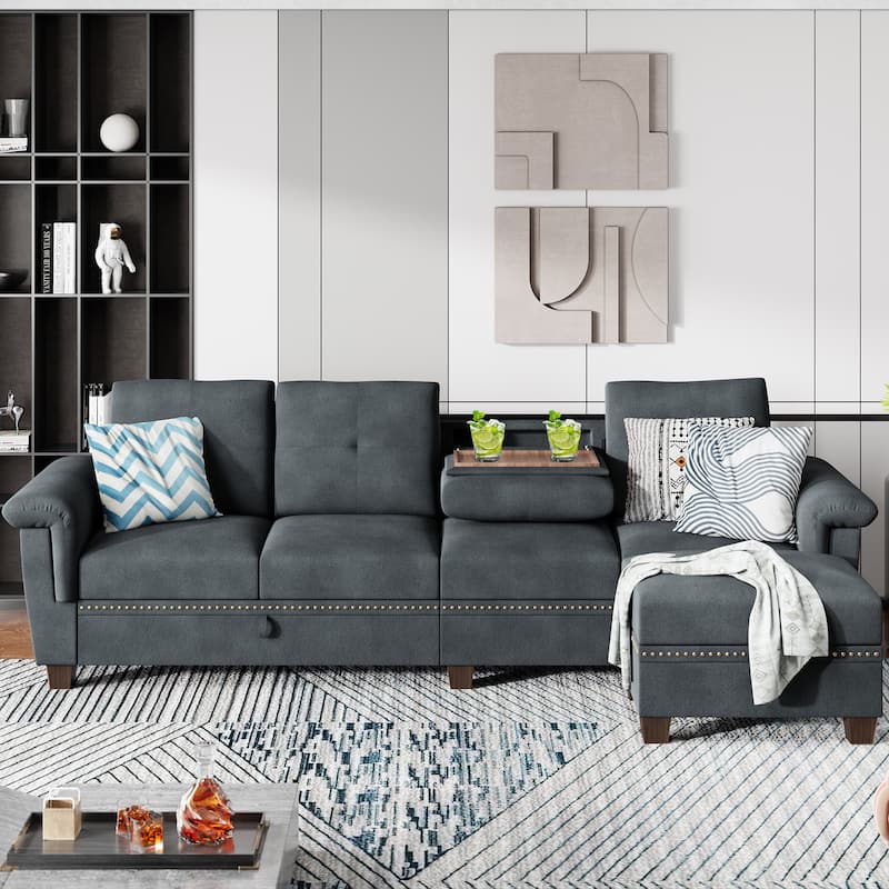 108'' Convertible Sectional Sofa with Seat Storage - DarkGrey