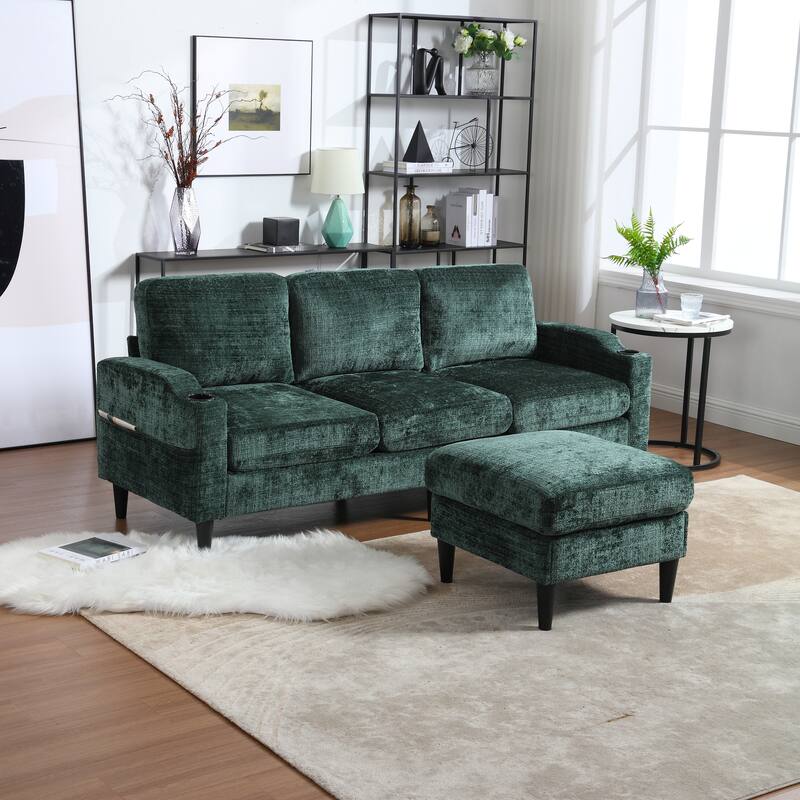 Modular Sectional Sofa with Storage Ottoman, Comfy Chenille Fabric Sofa, 3-Seater Sofa with Side Pockets & 2 Cup Holders