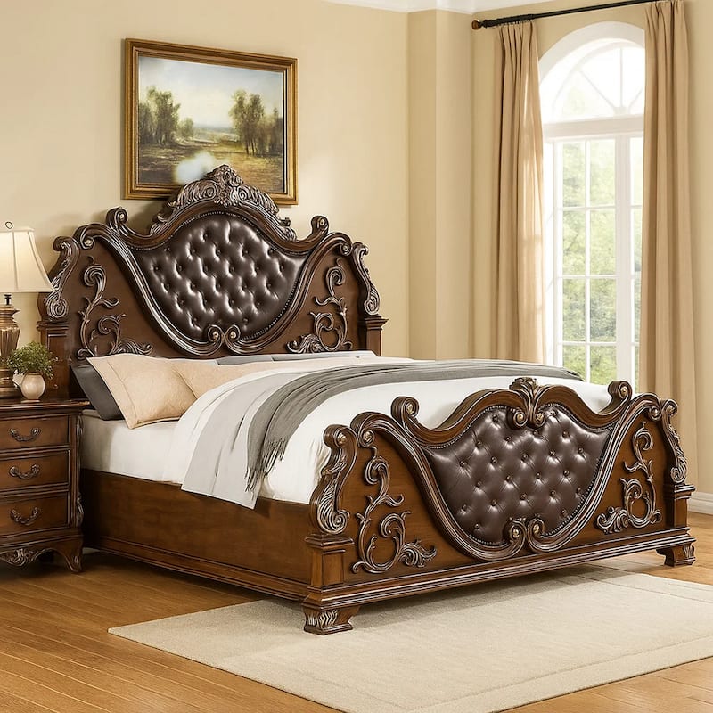 Prio Queen Bed with Carved Details, Brown Button Tufted Faux Leather