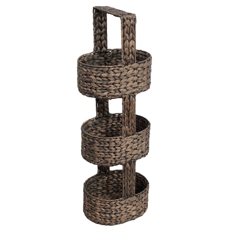 Riverbend 35.5 in. H Coastal Handwoven Water Hyacinth 3-Tier Round Basket Freestanding Storage Tower Stand with Top Handle - Brown