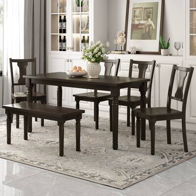 6-Piece Dining Set Wooden Table and 4 Chairs with Bench for Kitchen Dining Room
