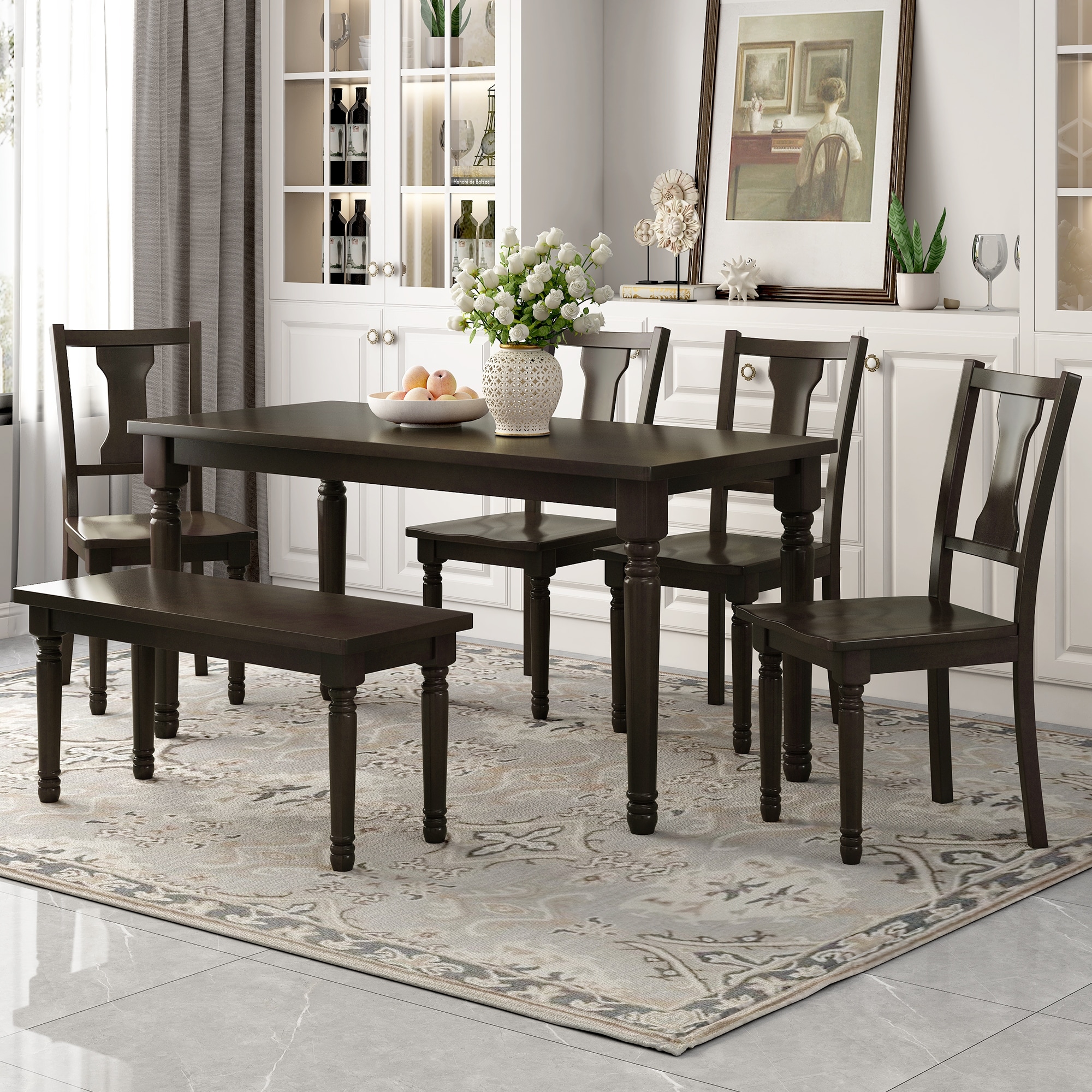 Modern 6 Piece Espresso Dining Set Wooden Table 4 Chairs and