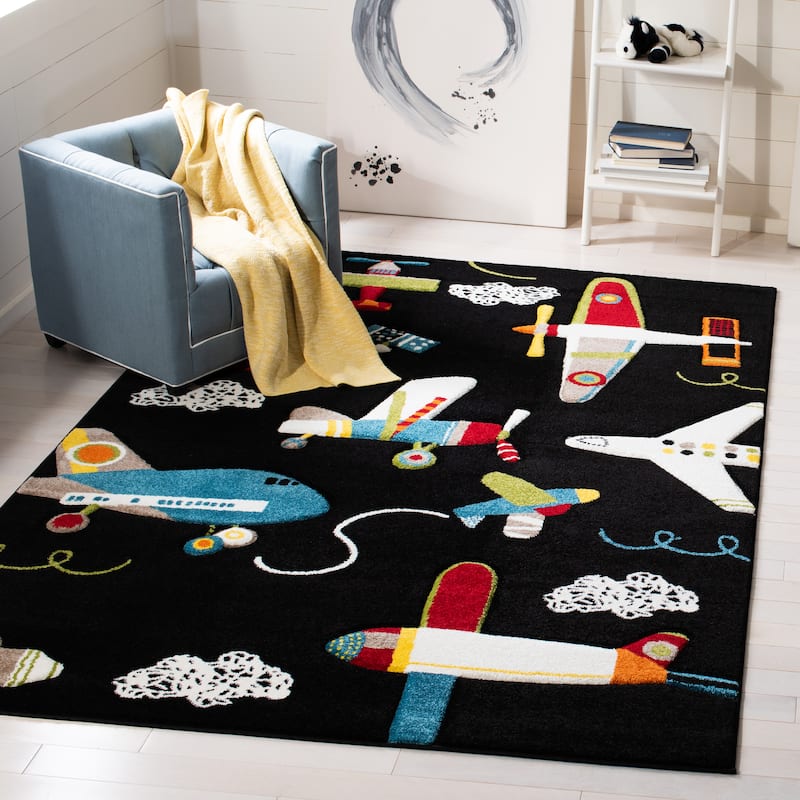 SAFAVIEH Carousel Kids Ardak Airplane Rug - 5'3" x 5'3" Square - Black/Ivory