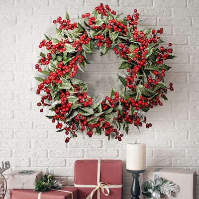 24" Berry Mixed Holly Wreath - Green Red - 24-Inch