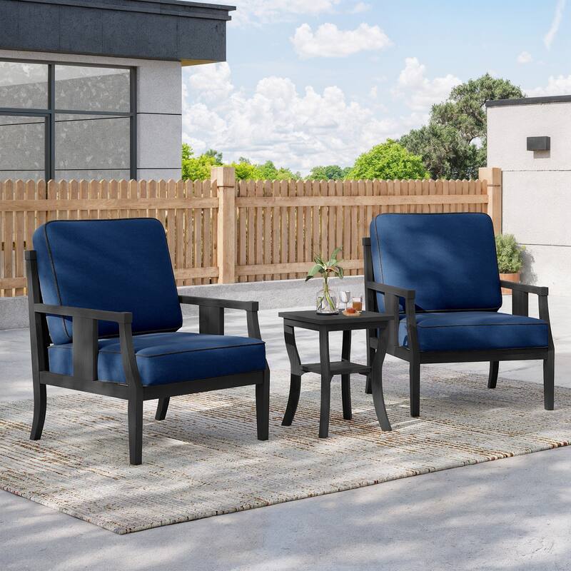 3-Piece Solid Teak Outdoor Patio Furniture Set Armchairs & Storage Table - Blackframe-Navy - Black Frame