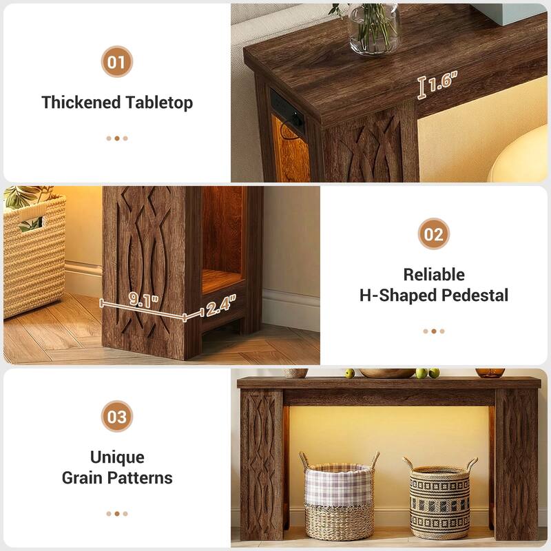 47" Farmhouse Console Table with RGB LED Light ＆ Power Outlets, Unique Carved Design Farmhouse Entryway Table Sofa Table