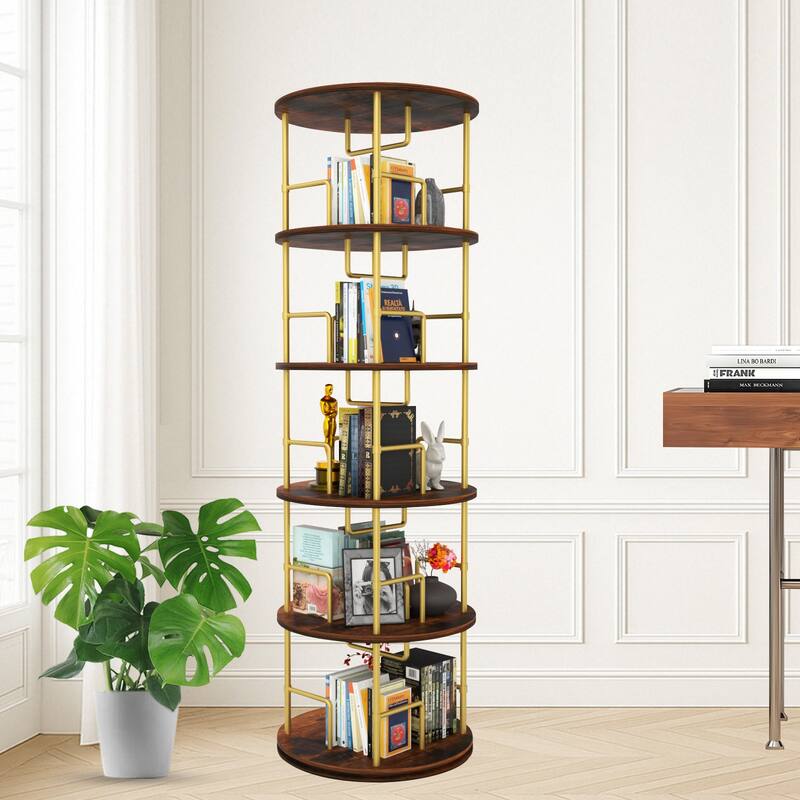 GDF Studio - Fremont Modern 5-Tier Wood and Metal Rotating Bookshelf with 360-Degree Swivel Design