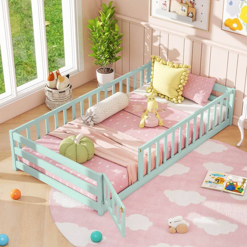 Costway Twin Size Floor Bed with Door & Fence with Safety Guardrails &