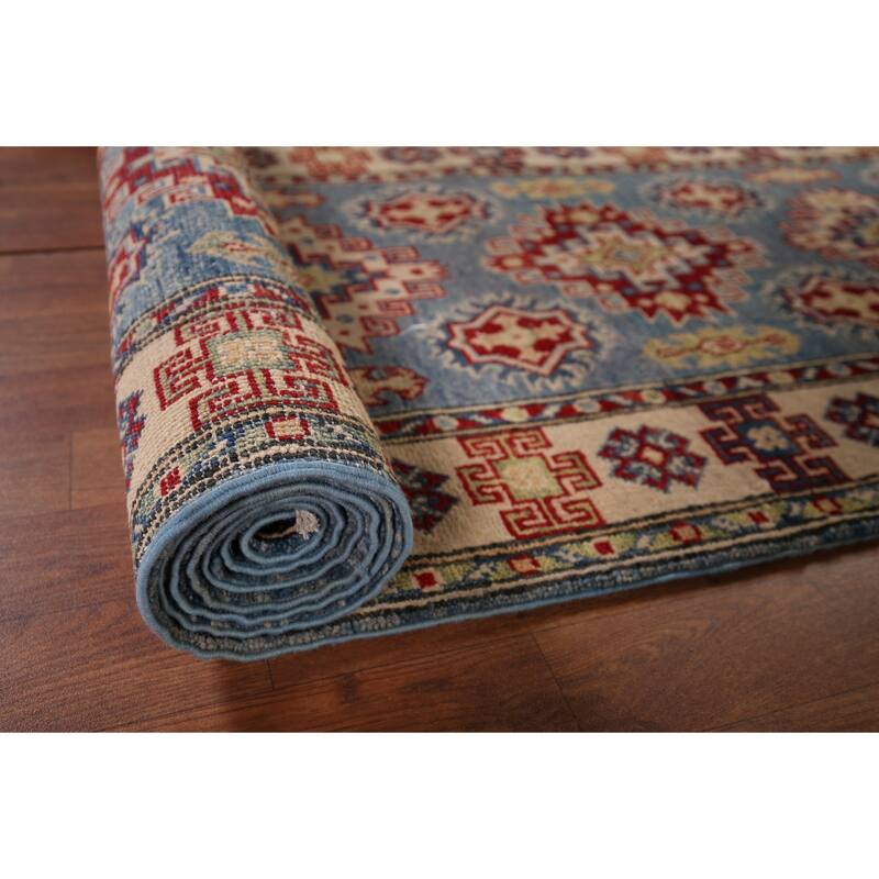 Blue Geometric Kazak Runner Rug Hand-Knotted Wool Carpet - 2'9" x 15'11"