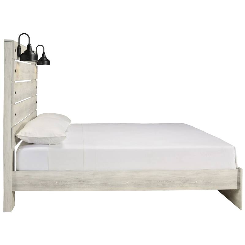 Cemy King Size Bed, Open Slat Headboard w 2 Sconce Lights Whitewash