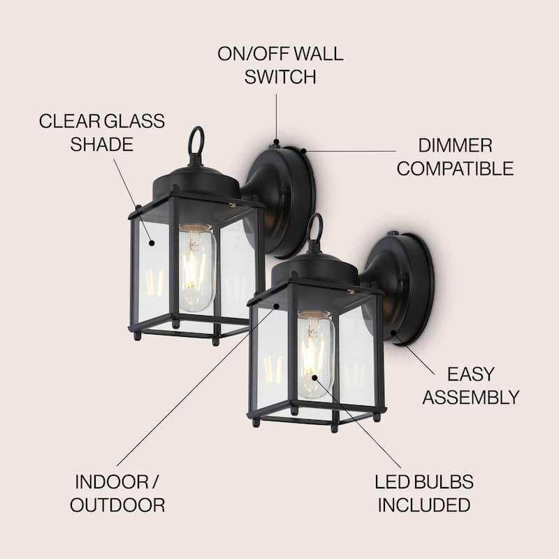 Barrie 4.25" 1-Light Farmhouse Industrial Iron/Glass Outdoor LED Sconce, Black/Clear (Set of 2) by JONATHAN Y