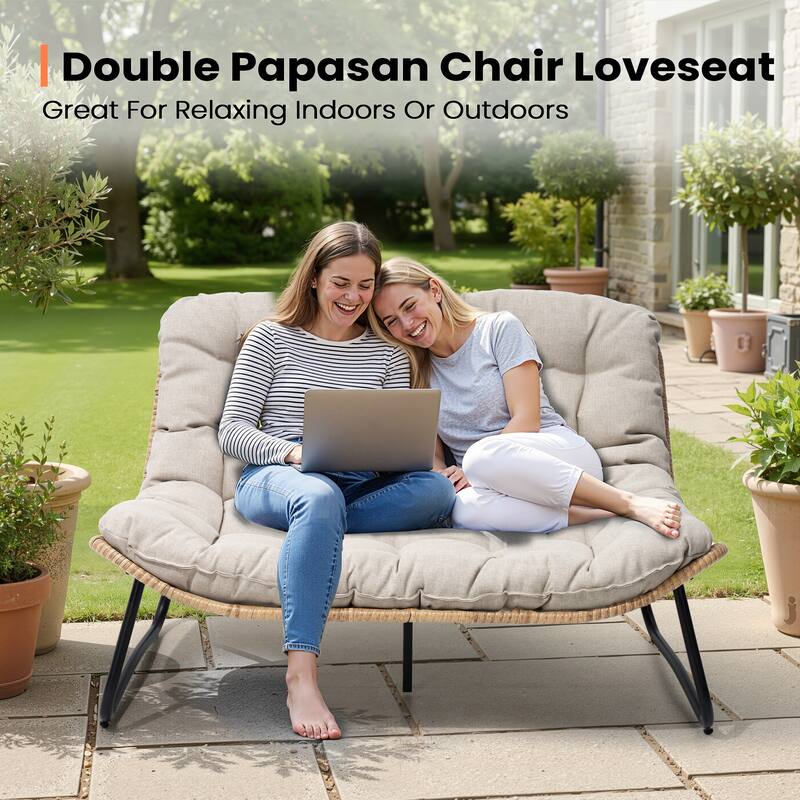 Double Papasan PE Rattan Chair Loveseat with Cushion For Indoor Outdoor