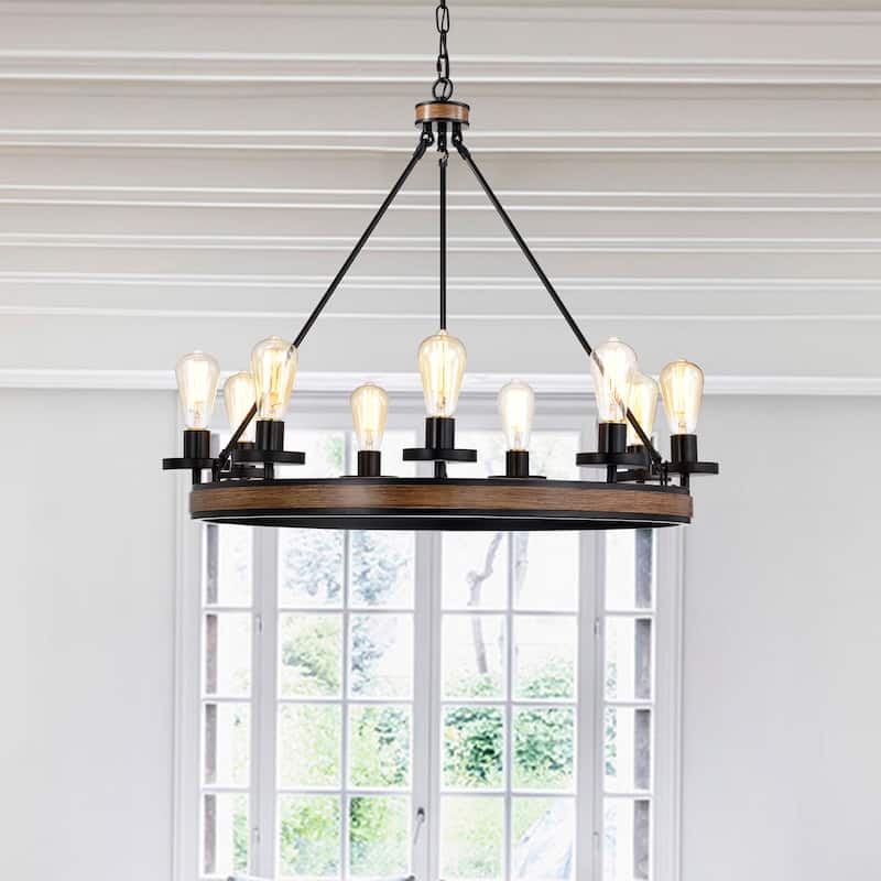 Aada Matte Black Metal 9 Light Wood Grain Finish Wagon Wheel Chandelier 32-Inch