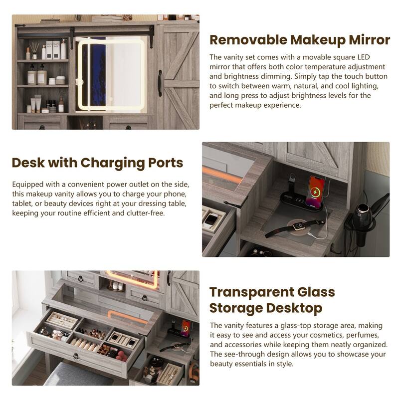 42.52" Farmhouse Dresser with Sliding LED Mirror, Glass Table Top and Stool