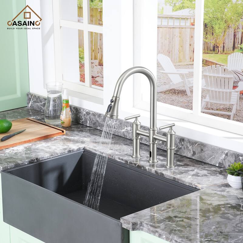 Double Handle Pull-Out Sprayer Bridge Kitchen Faucet